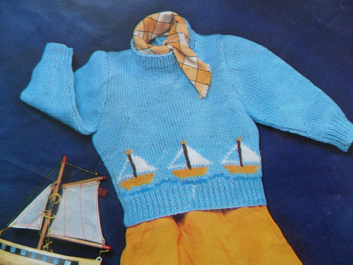 Knitting Pattern Baby Children Sailing Boat Design Jumper DK 1719