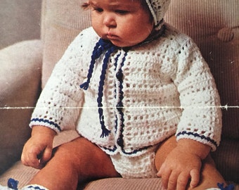 Crochet Pattern DK Cardigan Jacket Bonnet And Booties Baby Boy or Girl 18-22" Chest Vintage PDF