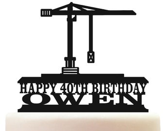 Personalised Acrylic Construction Crane Tower Birthday Cake Topper Decoration