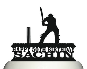 Personalised Acrylic Cricket Attacking Batsman Birthday Cake Topper Decoration Ref 1