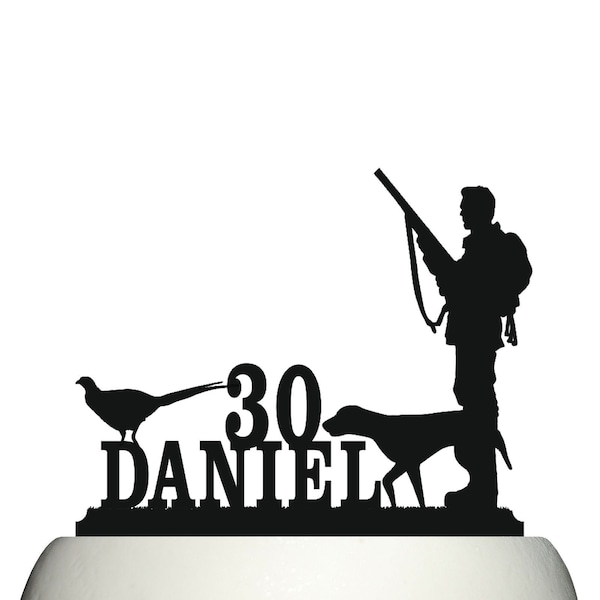 Personalised Acrylic Pheasant Hunt Man And Dog Birthday Cake Topper Decoration