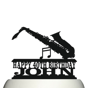 Customised acrylic saxophone birthday cake topper decoration.