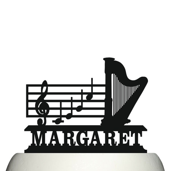 Personalised Acrylic Harp Stringed Instrument and Musical Notes Birthday Cake Topper Decoration