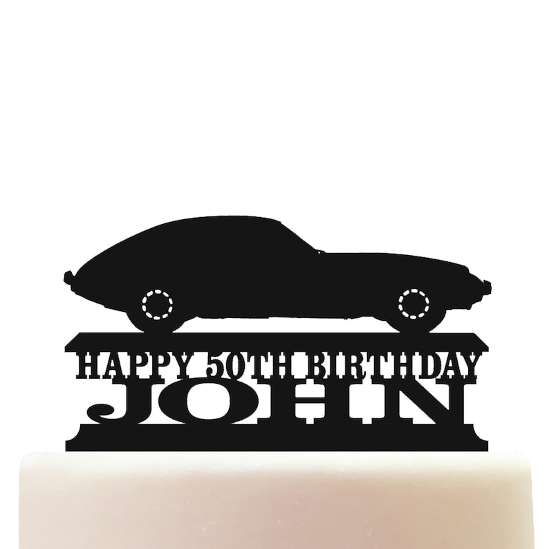Customised acrylic e type British classic car birthday cake topper decoration.