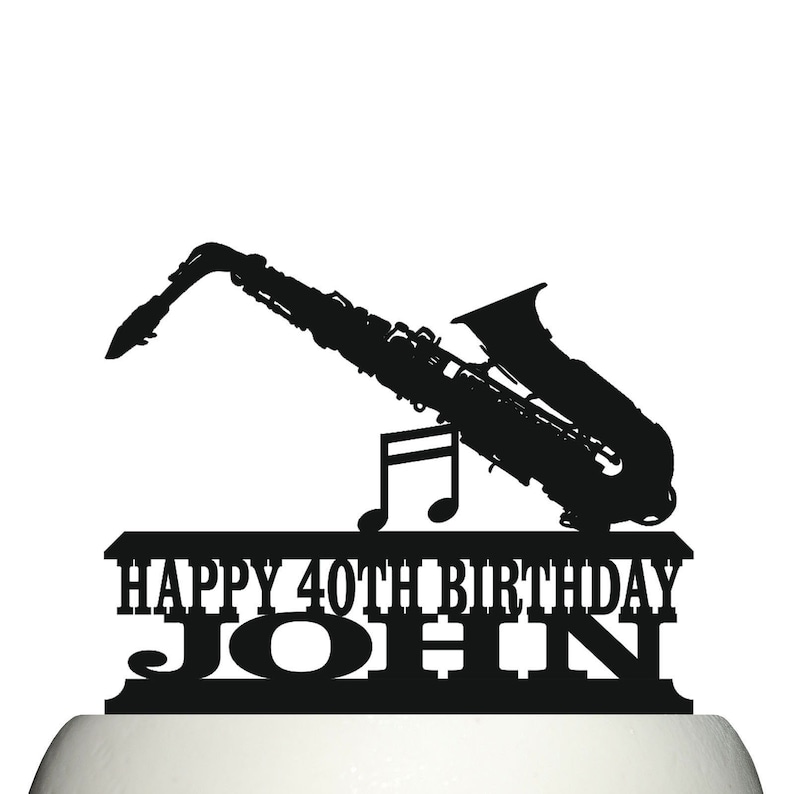Customised acrylic saxophone birthday cake topper decoration.