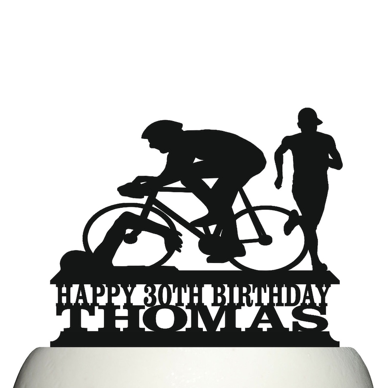 Customised acrylic mens triathlon birthday cake topper decoration.