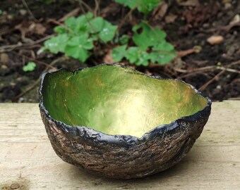 Wabi Sabi Bowl, Rustic Clay Bowl, Wood Effect, Green Gold Lustre Interior