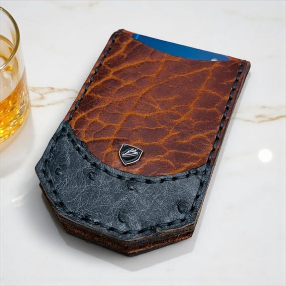 Handmade Ostrich & Bison Leather Money Clip Wallet: RFID Blocking