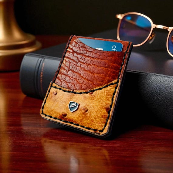 Handmade Ostrich & Bison Leather Money Clip Wallet: RFID Blocking