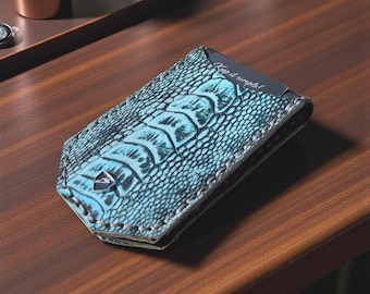 Turquoise Ostrich & Black Crocodile Minimalist Money Clip Wallet – USA Handmade Leather