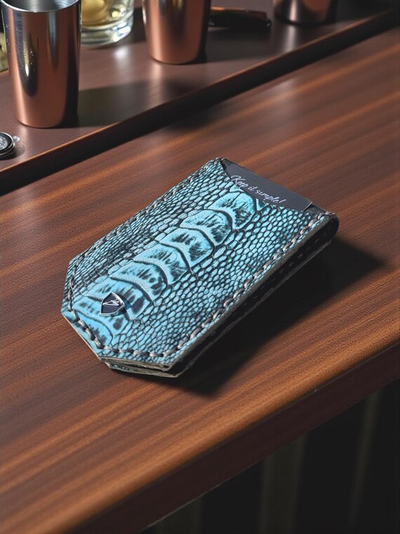Grade A Turquoise Ostrich Leather Money Clip Wallet | Minimalist Front Pocket Design