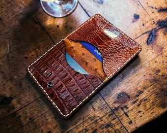 Cognac Hornback Crocodile & Red Ostrich Luxury Bifold | Handmade Exotic Wallet | Made in USA
