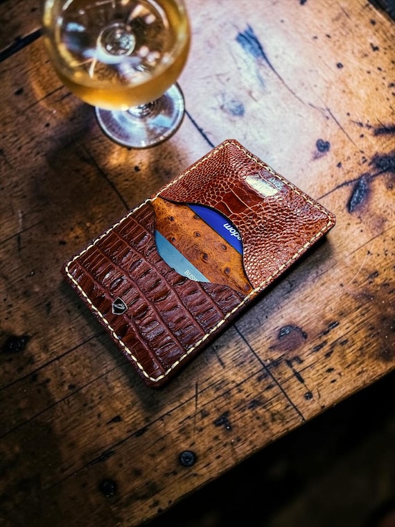 Cognac Hornback Crocodile & Red Ostrich Luxury Bifold | Handmade Exotic Wallet | Made in USA
