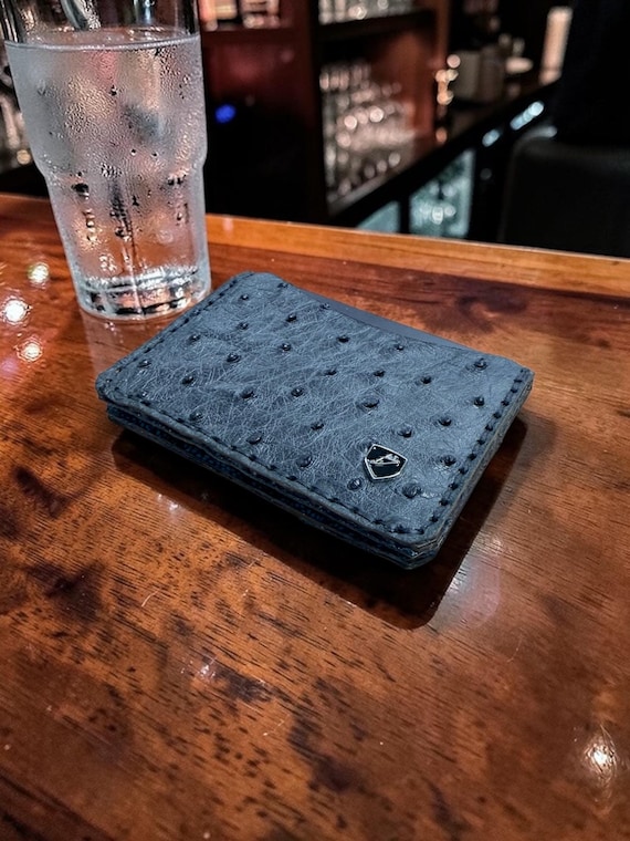 Charcoal Ostrich Leather Bilfold – Teal Interior | Handmade Exotic Bifold | Made in USA