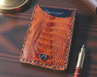 Grade A Cognac Ostrich Leather Money Clip Wallet | Minimalist Front Pocket Design