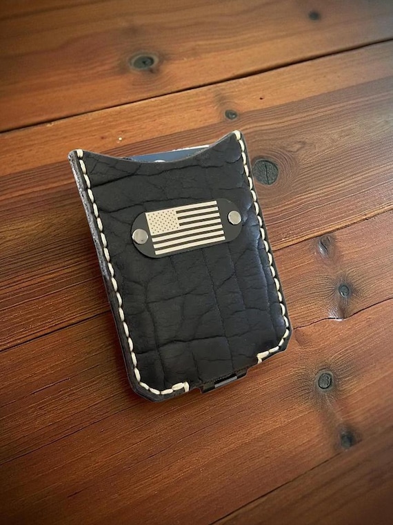 American Flag Bison Leather Wallet: RFID Minimalist Front Pocket