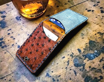 Handmade Ostrich Leather Money Clip Wallet: Minimalist, Magnetic, USA Made