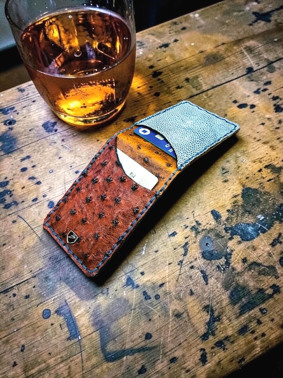 Handmade Ostrich Leather Money Clip Wallet: Minimalist, Magnetic, USA Made