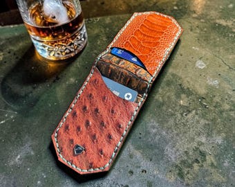 Cognac Ostrich & Embossed Crocodile Minimalist Wallet