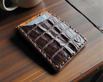 Dark Chocolate Crocodile Hornback Ostrich Magnetic Wallet | Custom Alternating Thread, Handcrafted USA