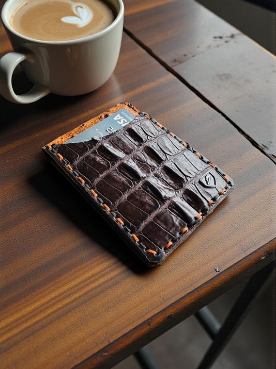 Dark Chocolate Crocodile Hornback Ostrich Magnetic Wallet | Custom Alternating Thread, Handcrafted USA