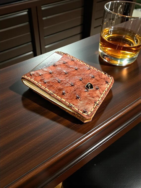 Custom Handmade Ostrich & Bison Leather Money Clip Wallet: RFID Blocking