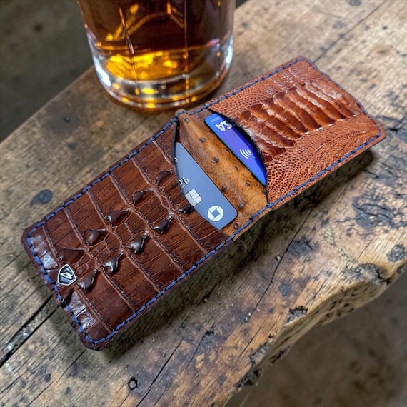Handmade Cognac Crocodile Ostrich Leg Wallet – Navy Blue Stitch