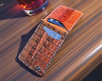 Handmade Cognac Crocodile Ostrich Leg Wallet – Navy Blue Stitch