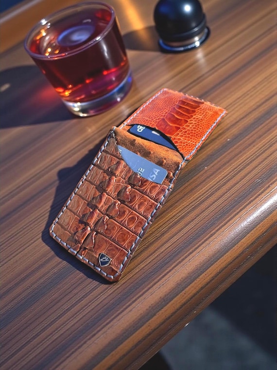 Handmade Cognac Crocodile Ostrich Leg Wallet – Navy Blue Stitch