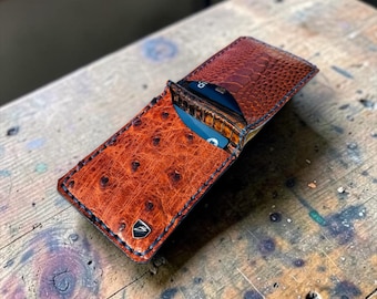 Handmade Cognac Ostrich Crocodile Bifold Wallet – Slim Exotic Leather Men's USA