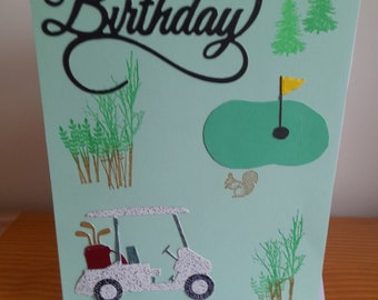 Happy Birthday with golf setting hand made card.