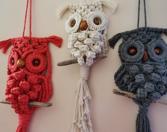 Macramé Owl wall hanging cotton cord standing on driftwood/dowel now in 9 different colours.