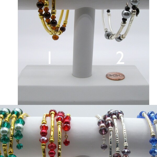 Metal Tubes, Crystals & Pearls On Easy To Wear Memory Wire Bracelet (B425, B426, B427, B428, B429, B430)