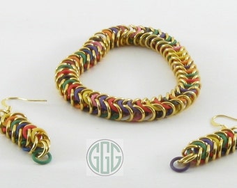 Bracelet & Earring Set - Maille à chaîne en or et joints toriques en caoutchouc aux couleurs arc-en-ciel (S033)