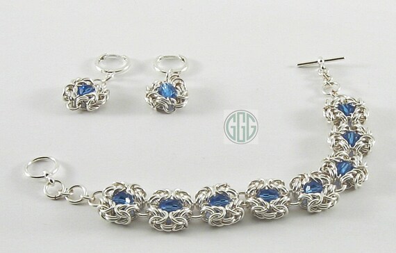 Bracelet & Earring Set - Silver Byzantine Poppy With Sapphire Blue Swarovski Crystal Chain Maille (S027)