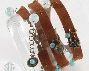 Wrap Bracelet - Suede/Leather Rust-Brown With Beads & Charms (B195)