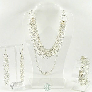 Necklace, Bracelet and Earrings Set - Multiple Silver Chains (S044)