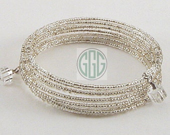 Memory Wire Bangle Bracelet - Silver Seed Beads (B177)