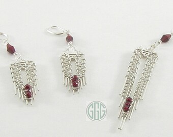Pendant & Earring Set - Deep Red Garnets And Woven Sterling Silver Wire (S003)