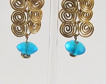 Earrings - Brass Swirls And Teal Beads (E035)