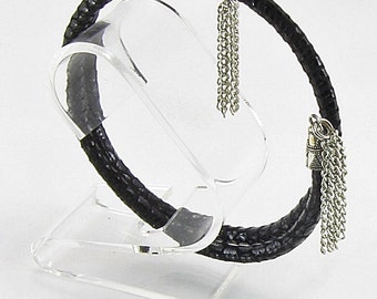 Wrap Bracelet/Necklace - Speckled Black Leather With Silver Tassels (B360)