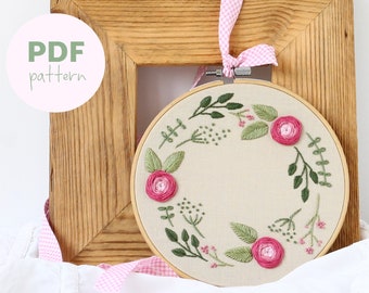 Hand embroidery pattern, Floral wreath with roses and leaves, Flower border decoration, DIY gift for mum, Simply needlepoint for beginners