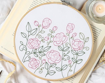 Floral Rose Hand Embroidery Patterns, Easy PDF Digital Download, Beginner Craft Projet, DIY Hoop Art