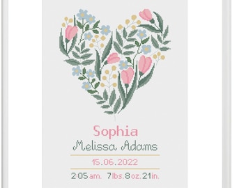 Baby girl birth announcement cross stitch pattern, Floral heart embroidery in spring color, DIY nursery room decoration, Personalized gift