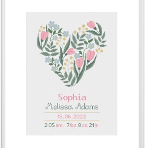 Patrón de punto de cruz para anuncio de nacimiento de niña, bordado de corazón floral en color primaveral, decoración de habitación infantil DIY, regalo personalizado