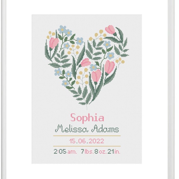 Baby girl birth announcement cross stitch pattern, Floral heart embroidery in spring color, DIY nursery room decoration, Personalized gift