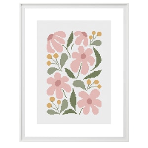 Puede incluir: Un patrón de punto de cruz con un diseño floral con flores rosas, hojas verdes y detalles amarillos. El patrón está enmarcado en un marco blanco.