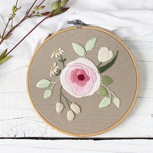 Hand embroidery pattern, Romantic floral bouquet with rose, Botanical DIY decoration, 6 inches hoop wall art decor, PDF tutorial with photos image 1