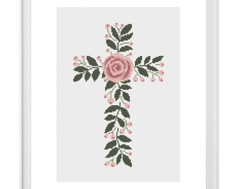 Cross from roses and leaves cross stitch pattern, Religious DIY craft, Jesus Christ sign stitching, Modern Christian art, Floral decoration