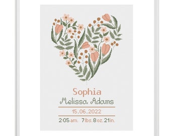 Floral heart cross stitch pattern, Baby girl name cross stitch, Birth announcement, Boho embroidery with child name, DIY personalized craft